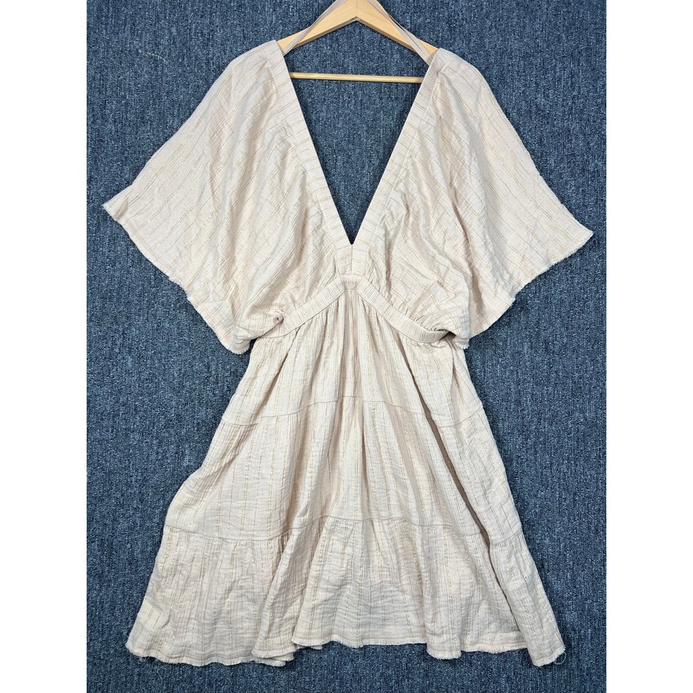 Aerie Dress XL Beige Gold Metallic Stripe V-Neck Tiered Gauze Mini Boho Autumn